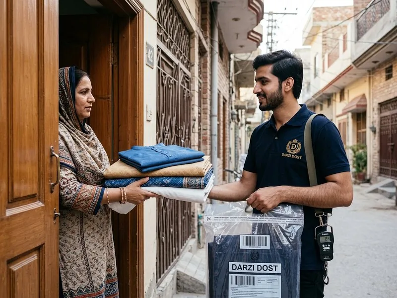 Doorstep fabric handover with concierge rider weighing and sealing sample suit in Lahore