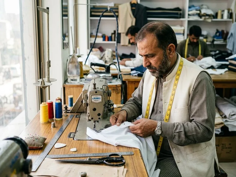 Master tailor ustad precision stitching premium shalwar kameez on industrial Juki machine